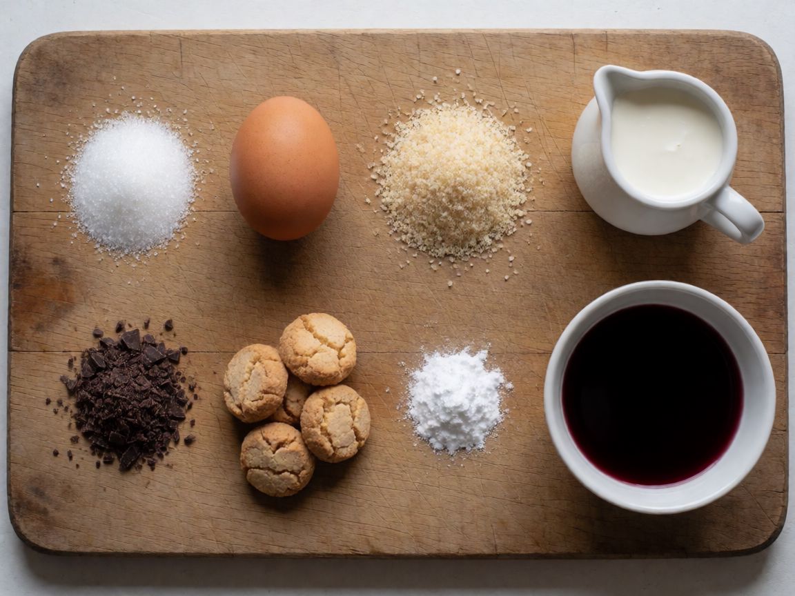 Торт із панірувальних сухарів — інгредієнти: Цукор, Яйця, Панірувальні сухарі, Чорний шоколад, печиво амаретті, Вершки