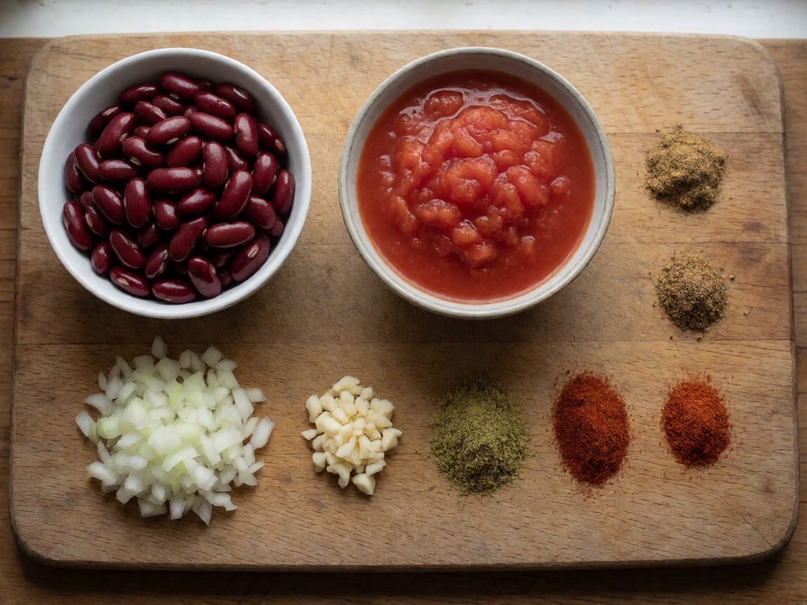 Tex-Mex Salad — ingredients: Kidney beans, Chopped tomatoes, Onion, Garlic, Olive oil, Cumin