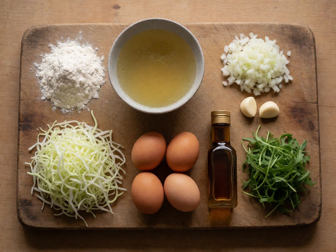 Japanese-Style Bacon Waffles (Okonomiyaki) — ingredients: Plain flour, Vegetable stock, Onion, Garlic, Eggs, Pointed cabbage