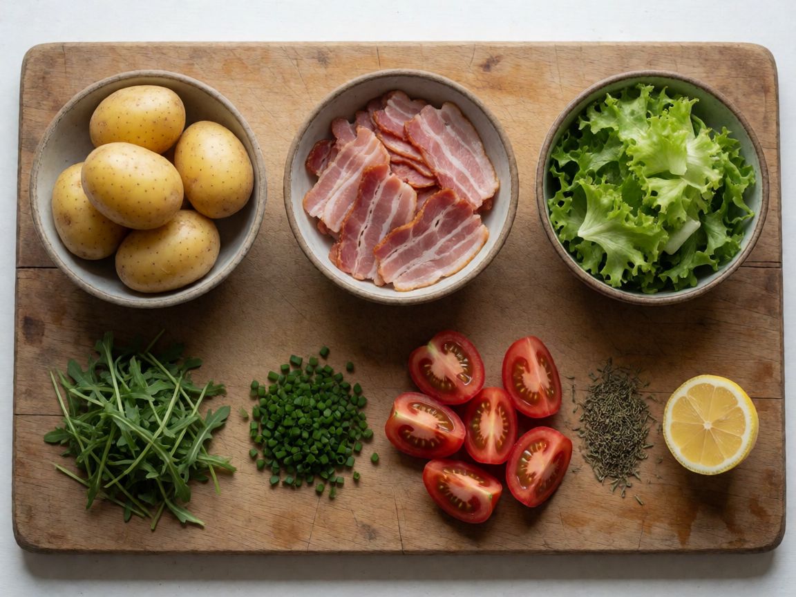 Potato Salad with Mustard Dressing and Roasted Tomatoes — ingredients: Potato, Bacon, Lamb's Lettuce, Rocket, Chives, Salt