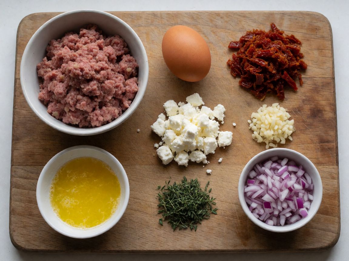 Гръцки кюфтенца от агнешко на шиш и картофи с мащерка — продукти: агнешка кайма, яйце, сушени домати, чесън, фета сирене