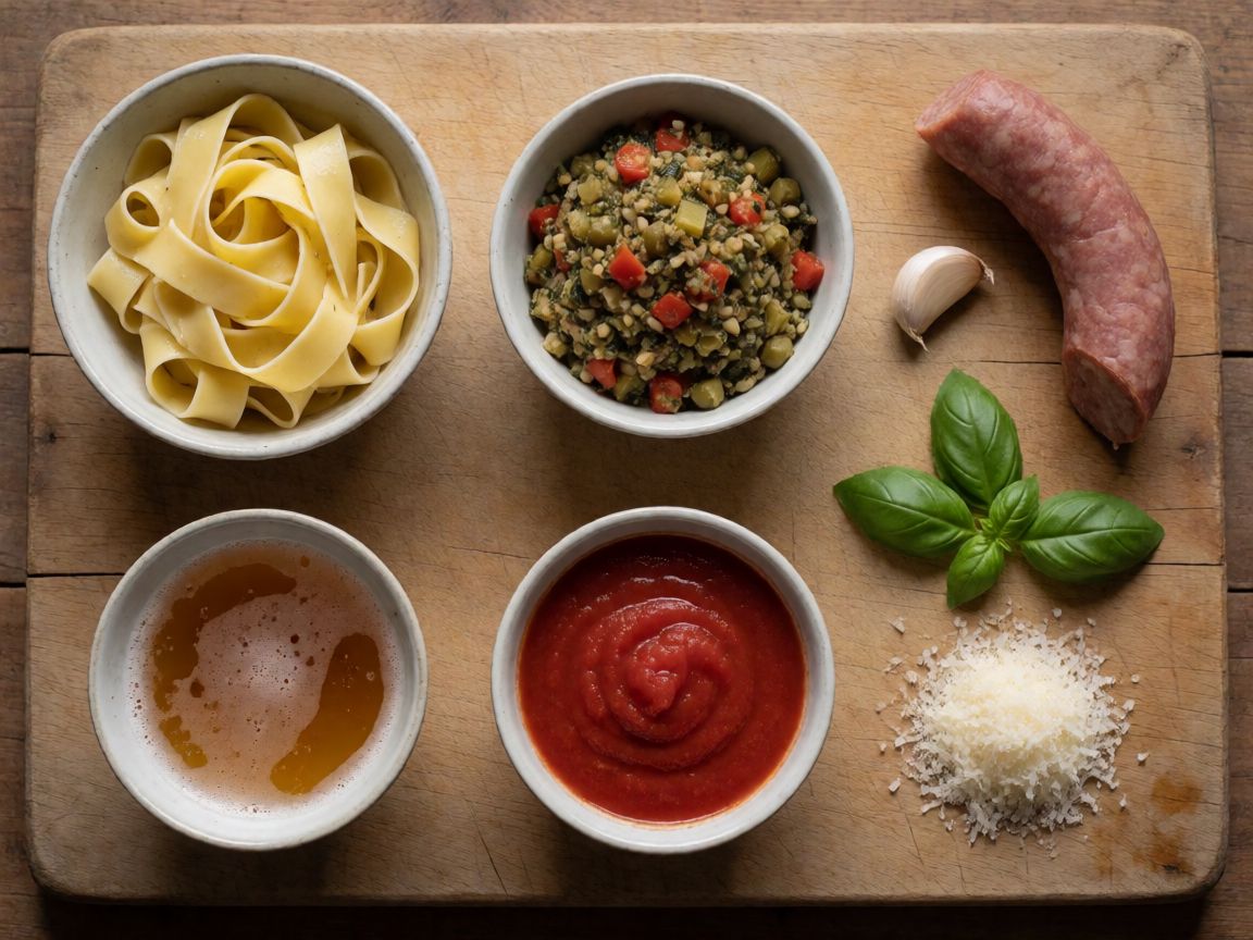 Pappardelle z ragujem iz klobase in baziliko — sestavine: Pappardelle, Soffritto mešanica, Česen, Sveža klobasa