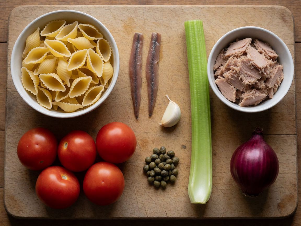 Conchiglioni Stuffed with Tuna and Anchovies — ingredients: Conchiglioni, Tuna, Anchovies, Garlic, Celery stalk, Tomato