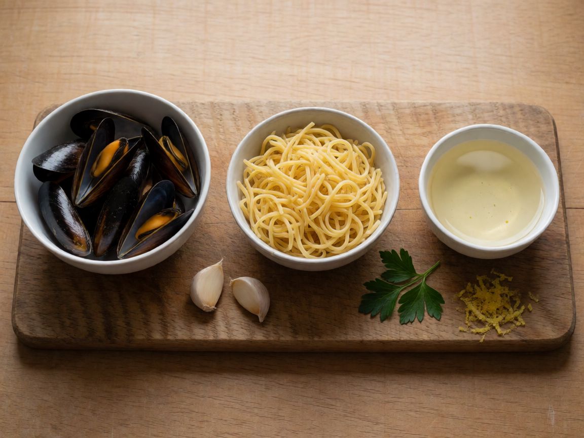 Spaghete cu midii — ingrediente: Midii, Spaghete, Usturoi, Vin alb, Ulei de măsline, Sare