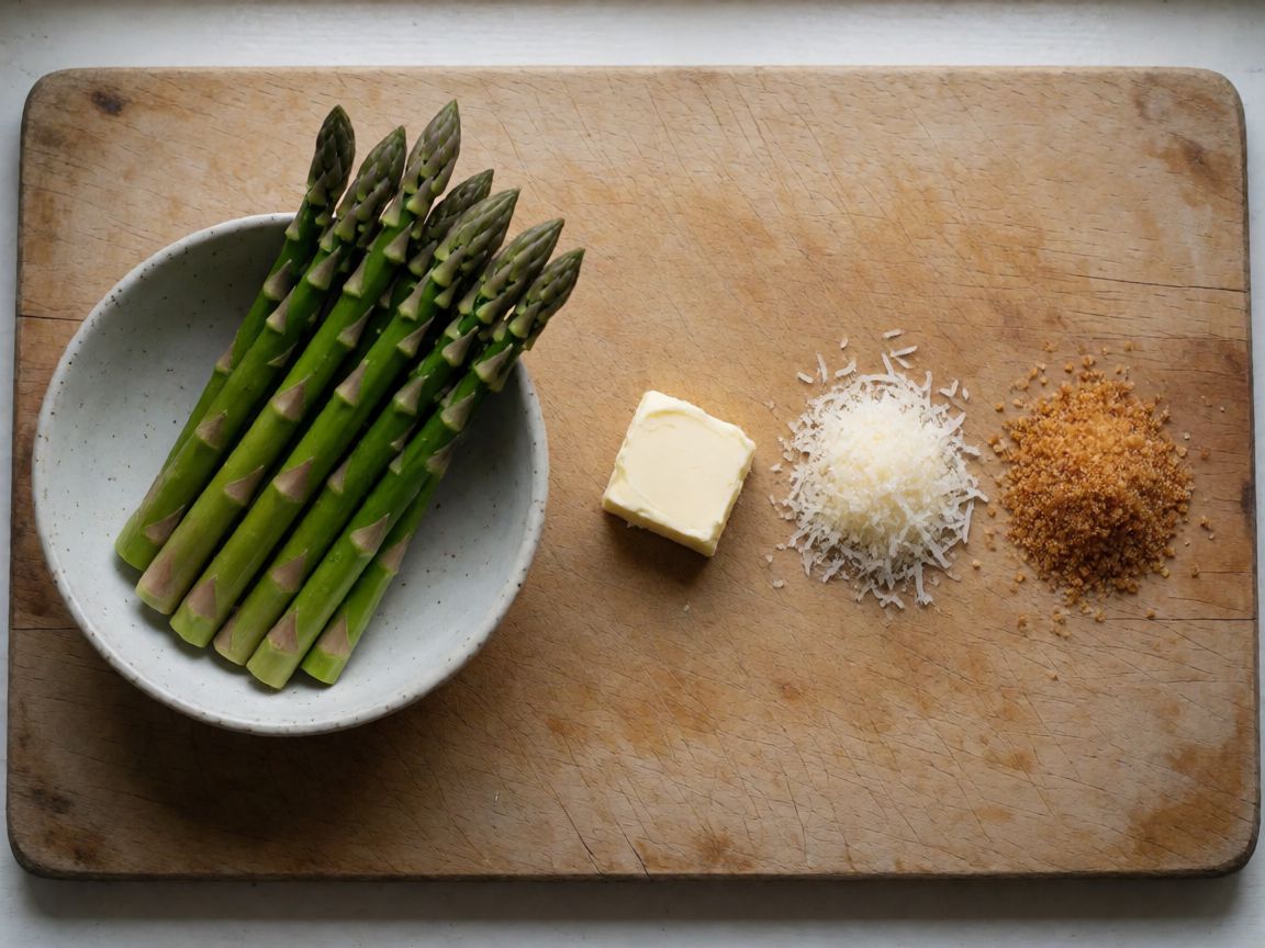 Спаржа, запечена в духовці під сиром — інгредієнти: Спаржа, Вершкове масло, Пармезан, Панірувальні сухарі, Сіль