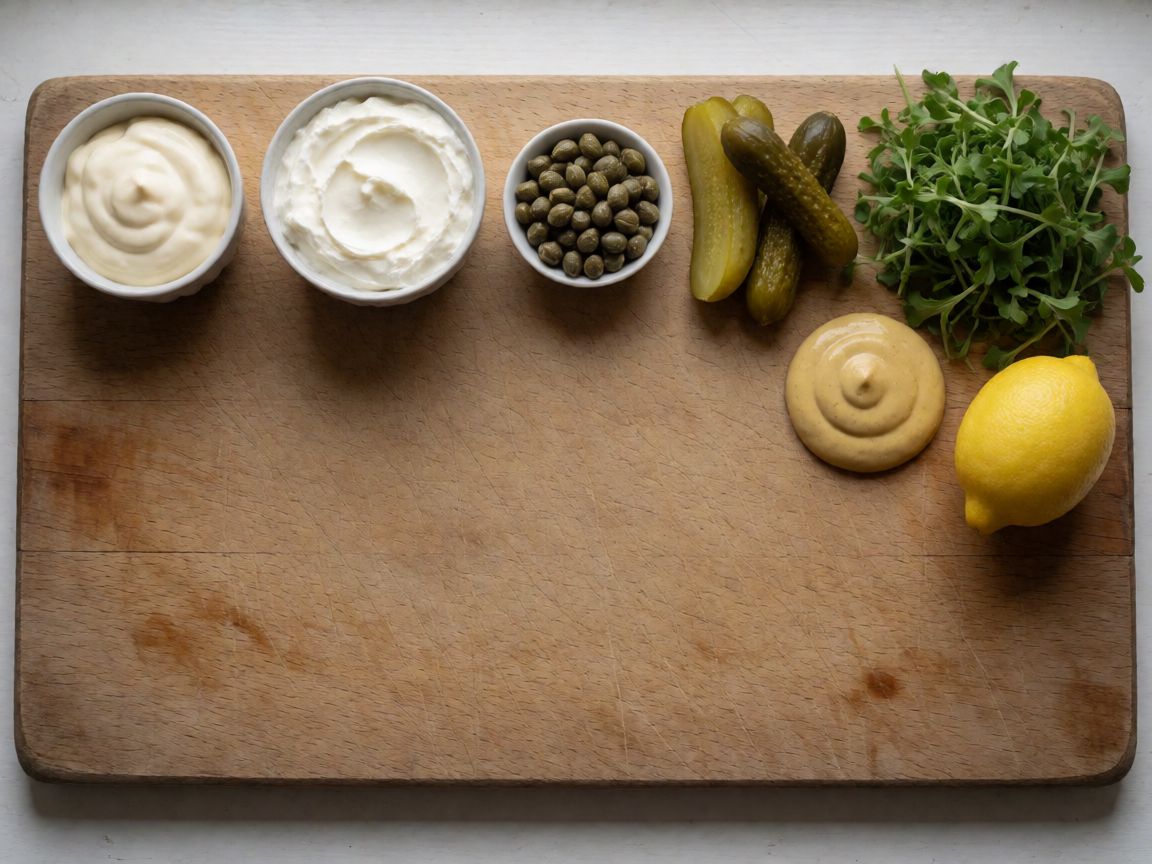 Fish and Chips with Tartare Sauce — Tartare sauce (ingredients): Mayonnaise, Crème fraîche, Capers, Gherkins, Dijon mustard