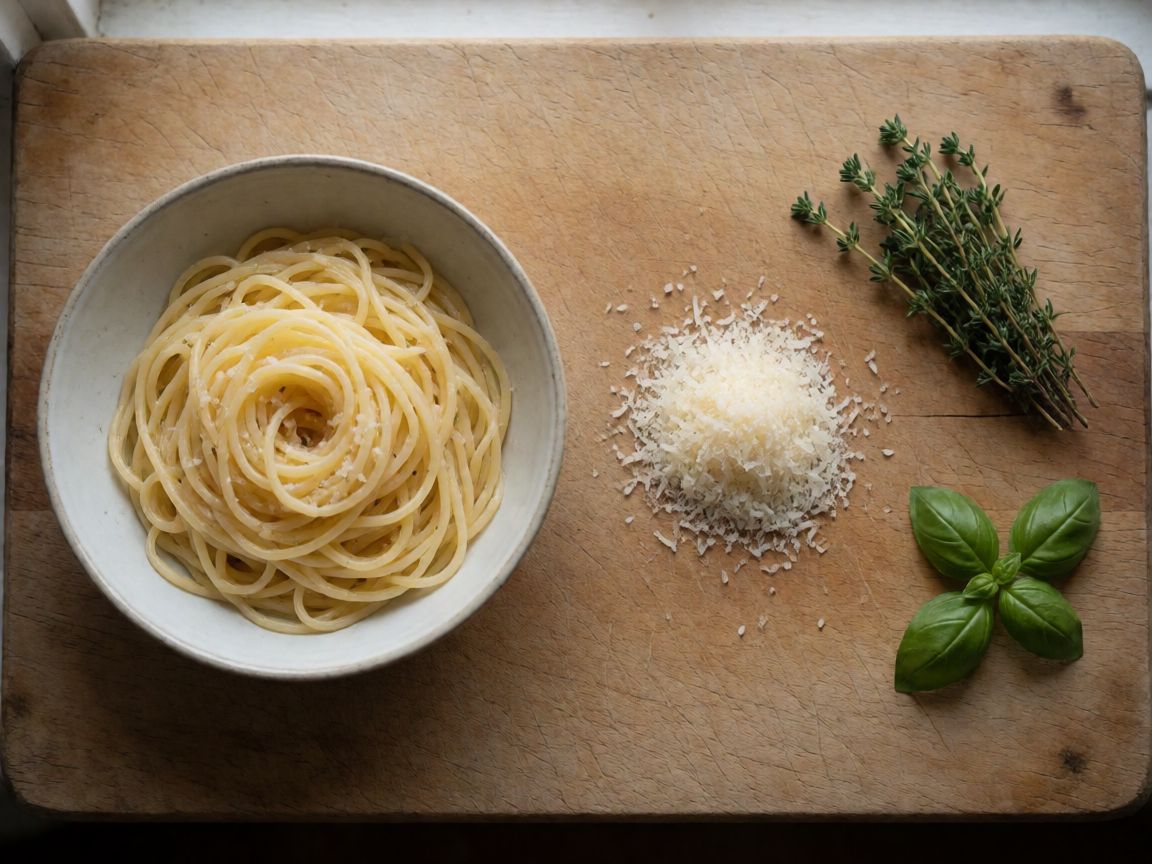 Spaghetti in Tomato Sauce with Meatballs — ingredients: Spaghetti, Parmesan, Fresh Herbs