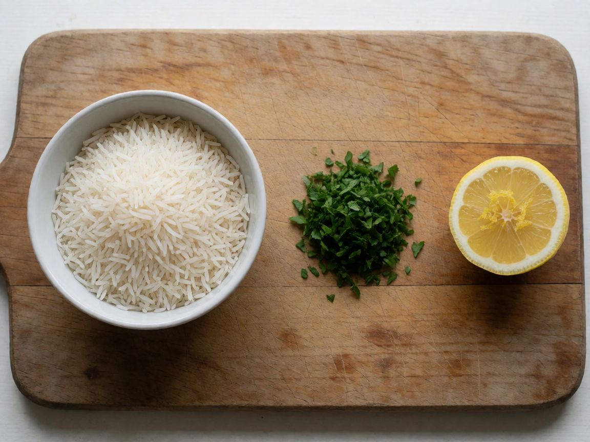Greek Vegetarian Bowl with Vegetable Fritters — Lemon and Parsley Rice (ingredients): Basmati rice, Water, Parsley, Lemon