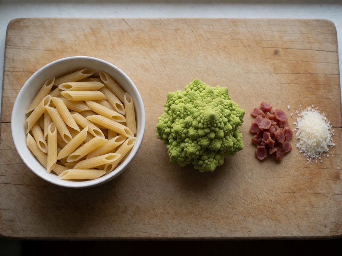 Penne amb romanesco, pancetta i pecorino — ingredients: Penne, Romanesco, Pancetta fumada, Oli d'oliva, Sal, Pebre negre