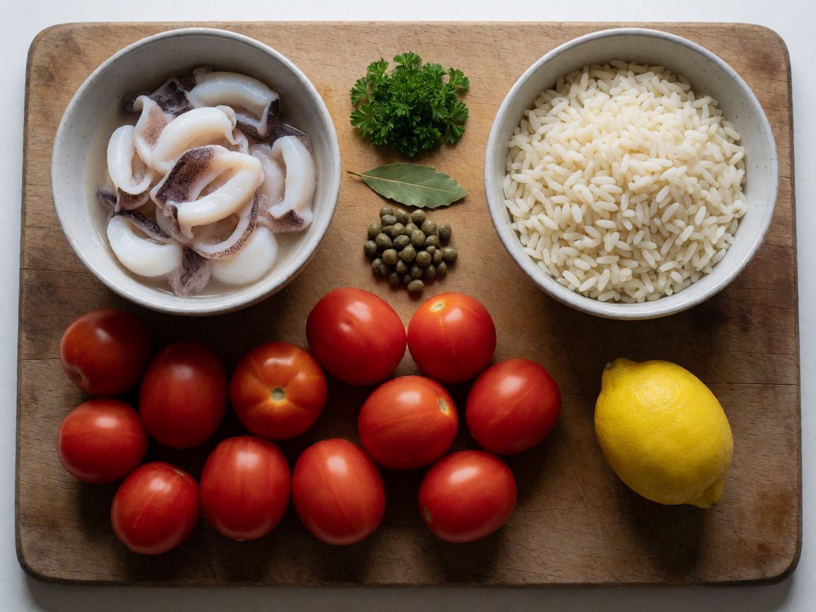 Рисовий салат з морепродуктами — інгредієнти: Каракатиця, рис для різото, Помідор, Лимон, Петрушка, Лавровий лист