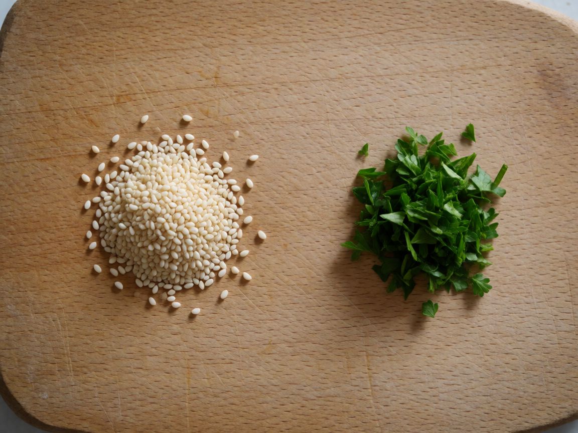 Fish Cakes in a Bowl with Coconut Rice, Asian Mayo and Vegetables — To Serve (ingredients): Sesame Seeds, Parsley