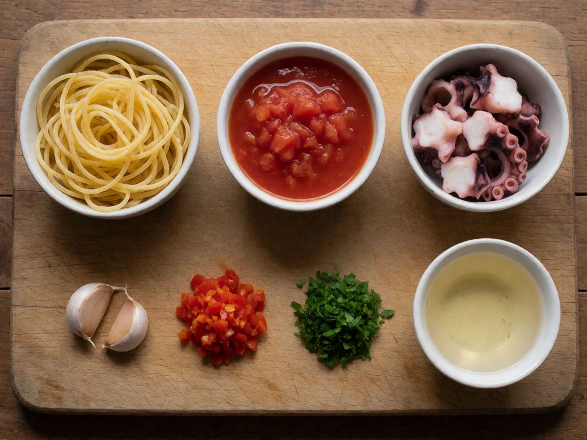 Špagety s omáčkou z malých chobotniček — ingredience: Špagety, Krájená rajčata v konzervě, Chobotnice, Česnek, Čerstvá