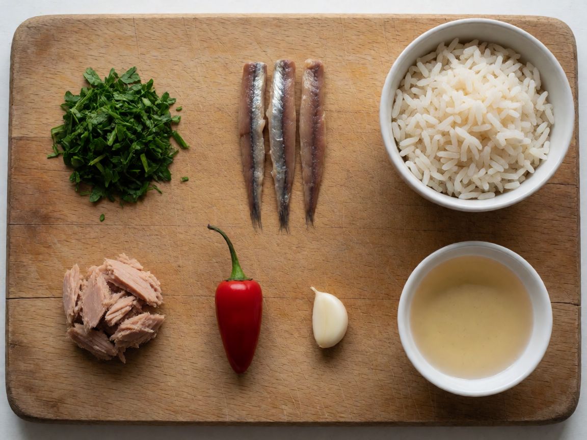Salsa verde sin huevo — ingredientes: Perejil, Anchoas, Atún, Arroz cocido, Guindilla, Sal