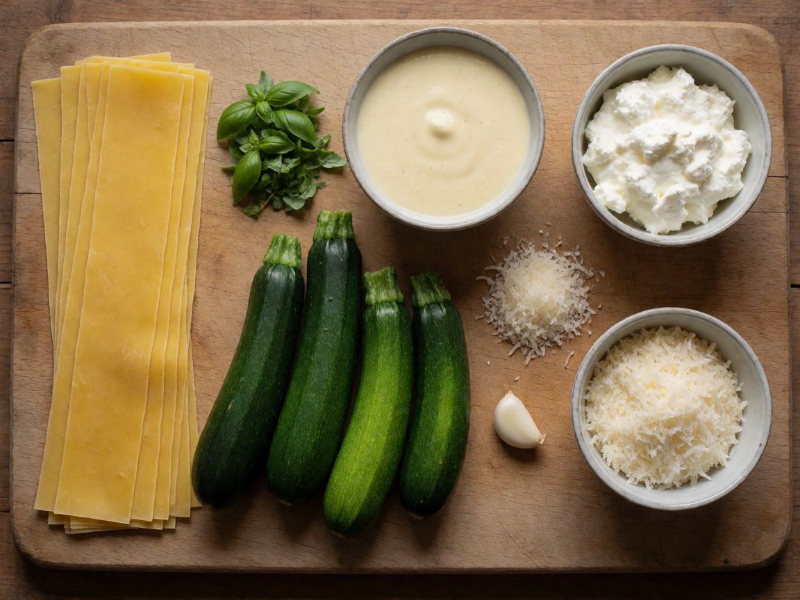 Courgette Lasagne — ingredients: egg pasta sheets, courgettes, garlic, olive oil, basil, béchamel sauce