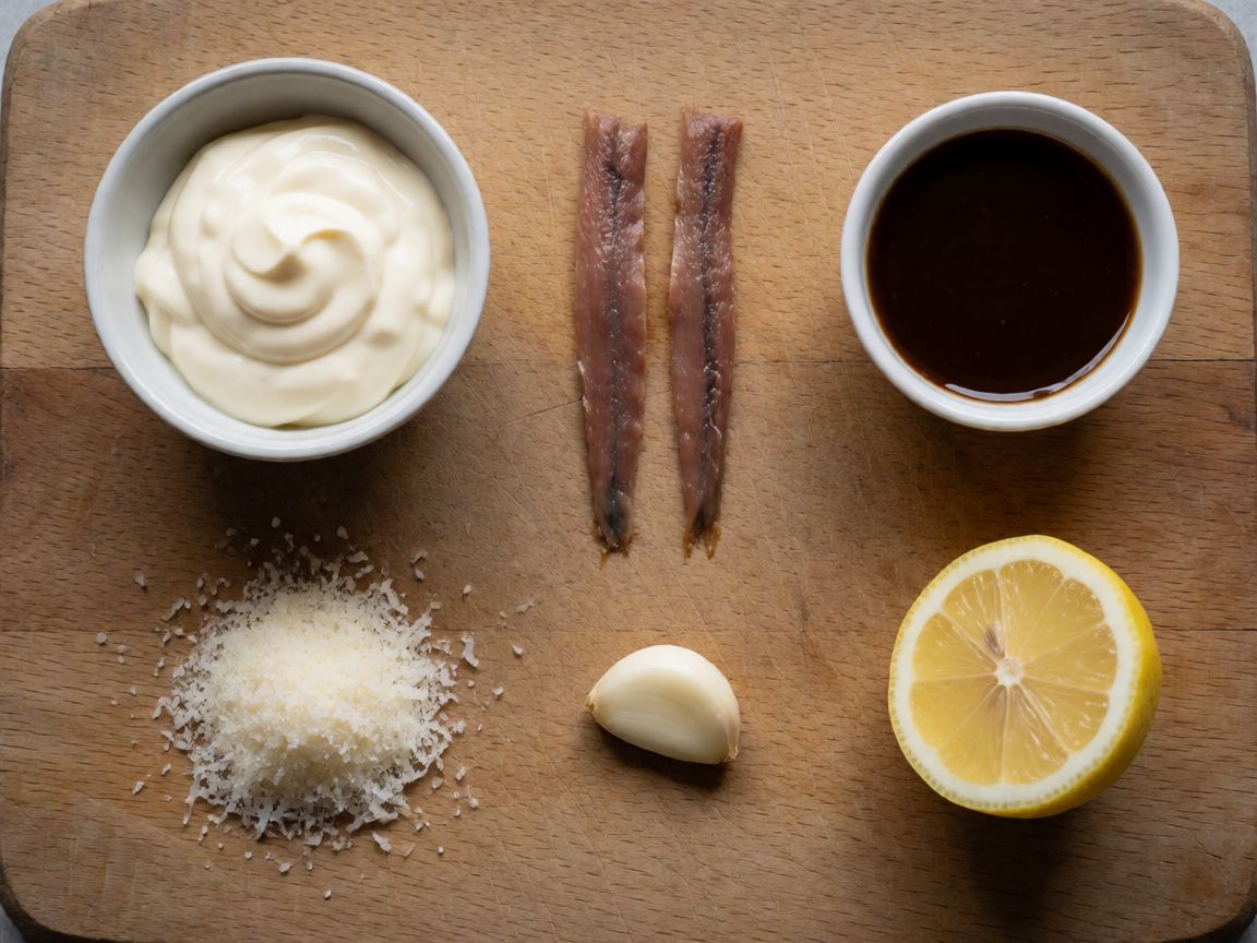 Caesar Salad — Caesar dressing (ingredients): Mayonnaise, Anchovies, Worcestershire sauce, Parmesan, Garlic, Lemon