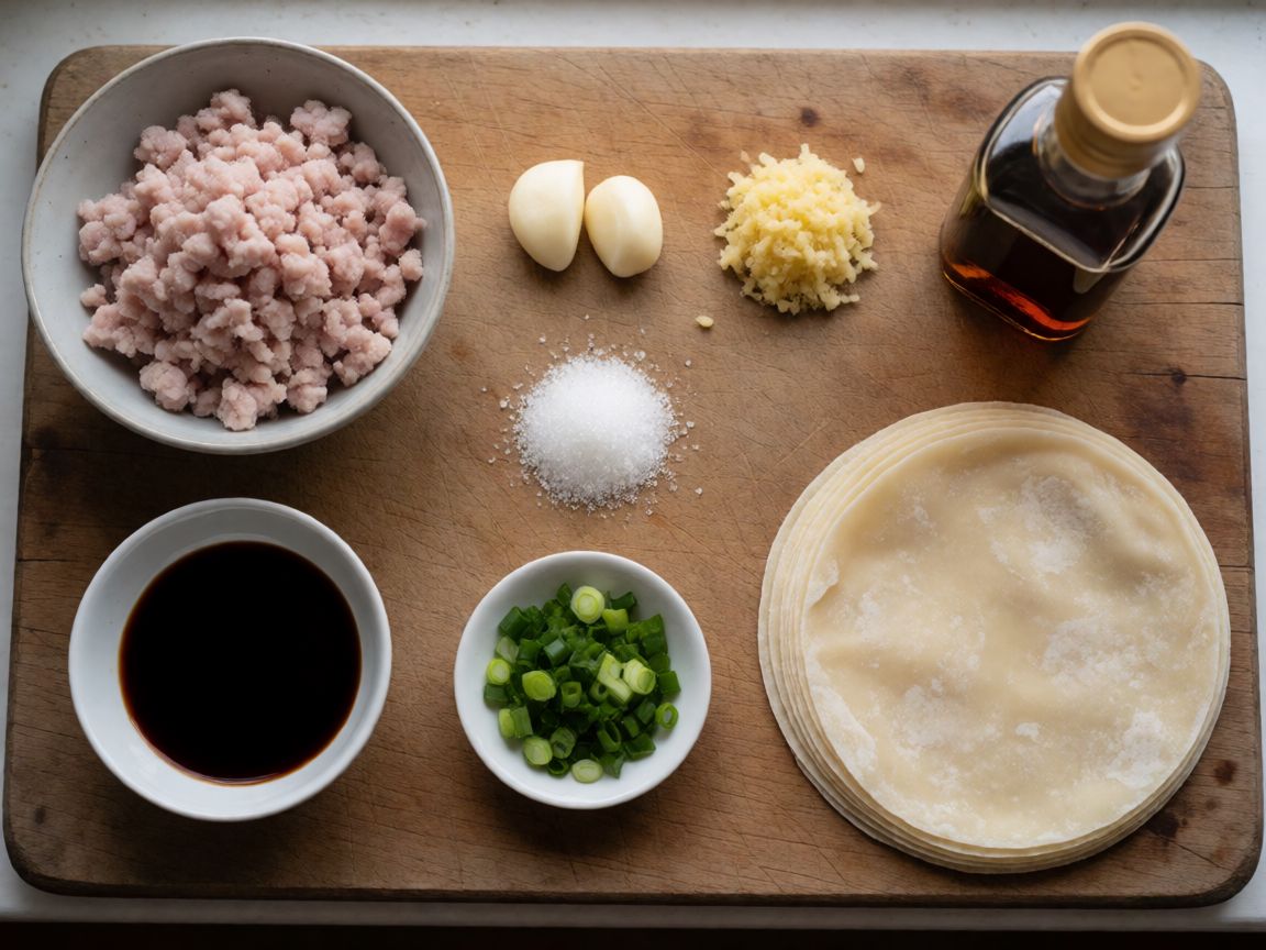 Fried Pork Gyoza with Dipping Sauce — ingredients: Pork mince, Garlic, Ginger, Sugar, Sesame oil, Soy sauce