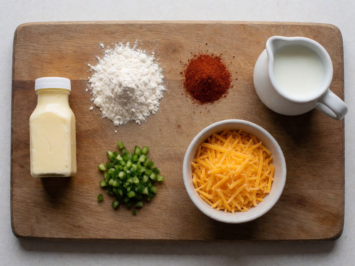 Crispy Beer-Battered Onion Rings with Chilli Cheddar Dip — Chilli cheddar dip (ingredients): Butter, Plain flour, Smoked