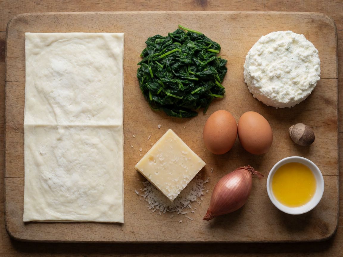 Pastís salat de mató i espinacs a la fregidora d'aire — ingredients: Pasta de full sense llevat, Espinacs, Mató, Ou, Parmesà