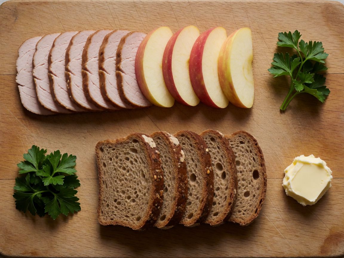 Porc rostit amb pomes — ingredients: Porc, Poma, Julivert, Sal, Pebre negre, Pa de sègol