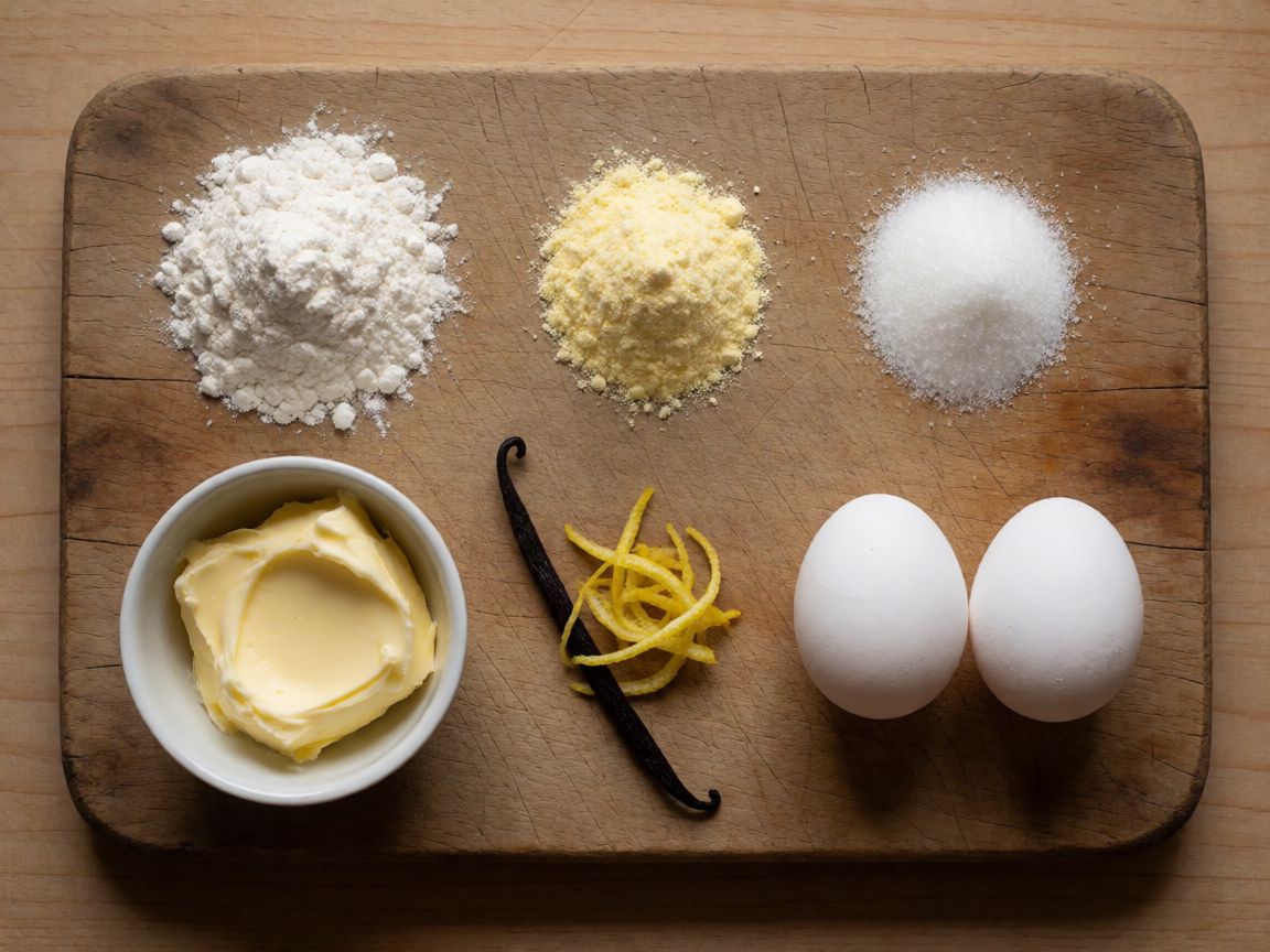 Кукурудзяне печиво — інгредієнти: Борошно, Кукурудзяне борошно, Цукор, Вершкове масло, Яйця, лимонна цедра